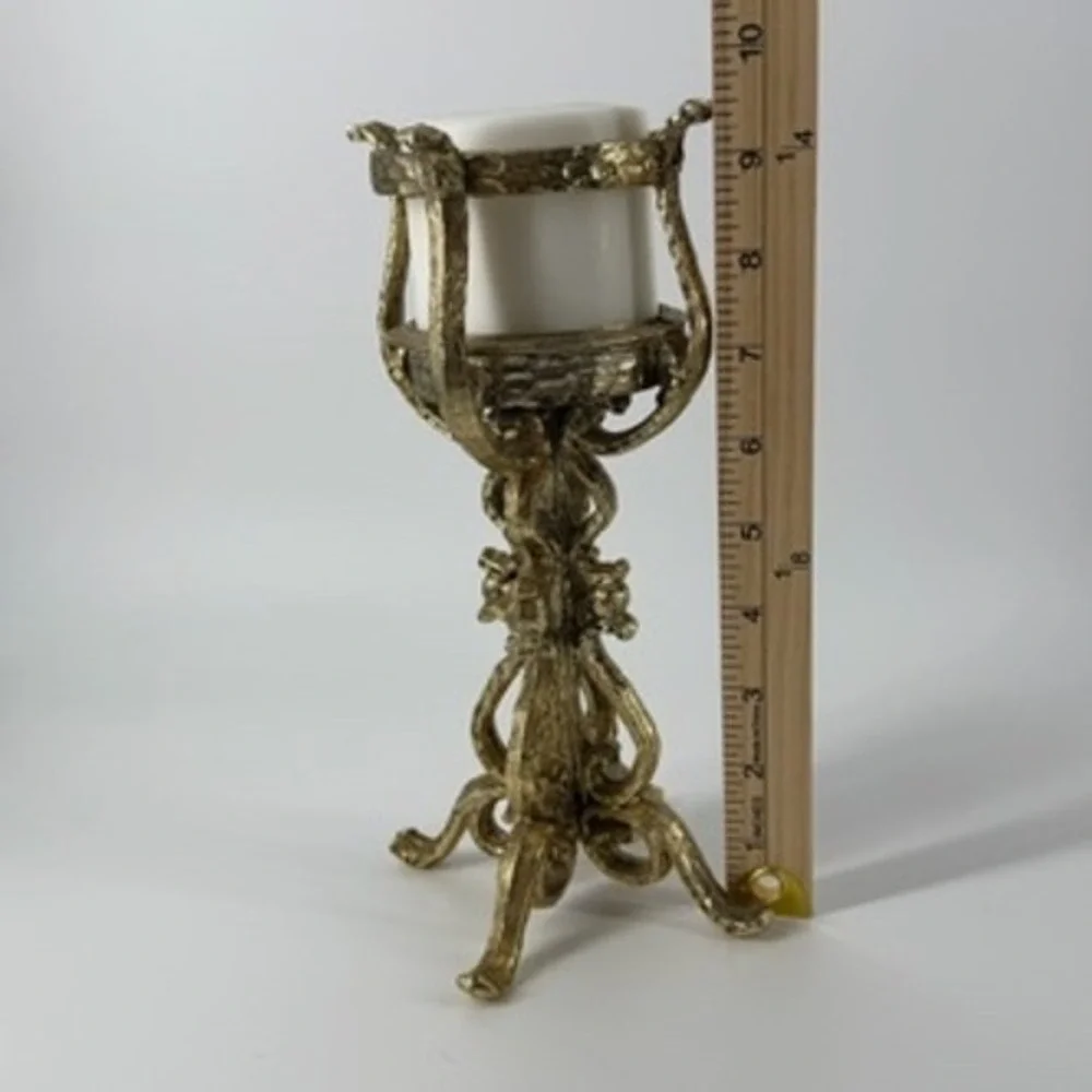 Vintage Ornate‎ Gold Tone Metal Candlestick Holder With White Candle 10